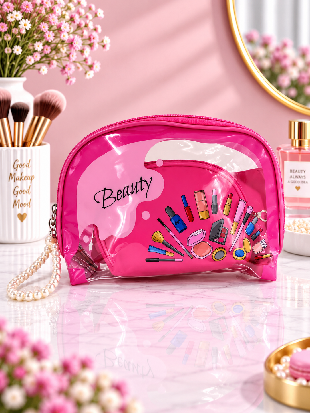 Hot pink cosmetic organizer pouch with clear front and colorful makeup graphic, zipper closure